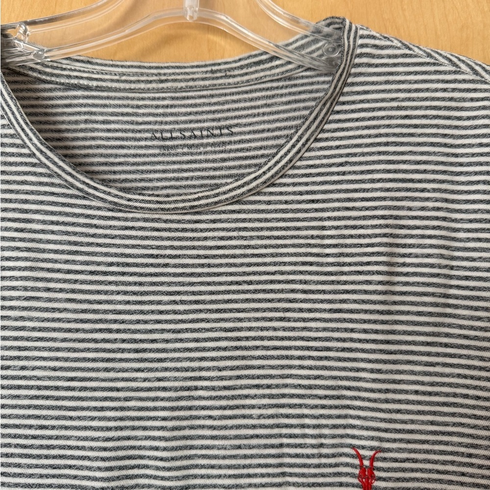 All Saints Men's Black and White Striped Tee